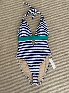 NWT Tart One-Piece Swimsuit Navy & White Stripe w/ Teal Band Nautical Coastal XS